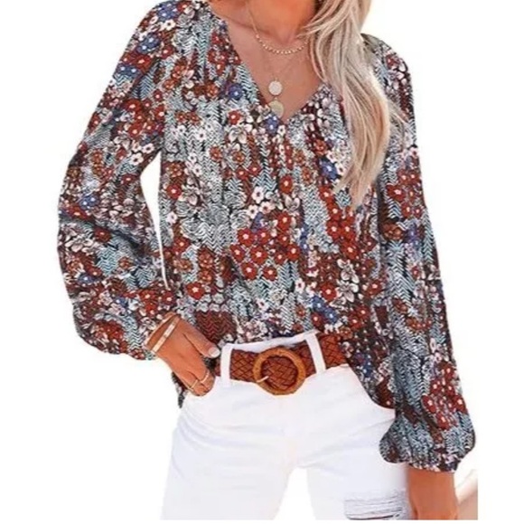 Casual Boho Sheer Floral Print V Neck Long Sleeve Tunic Lined Red and Blue - Picture 9 of 12